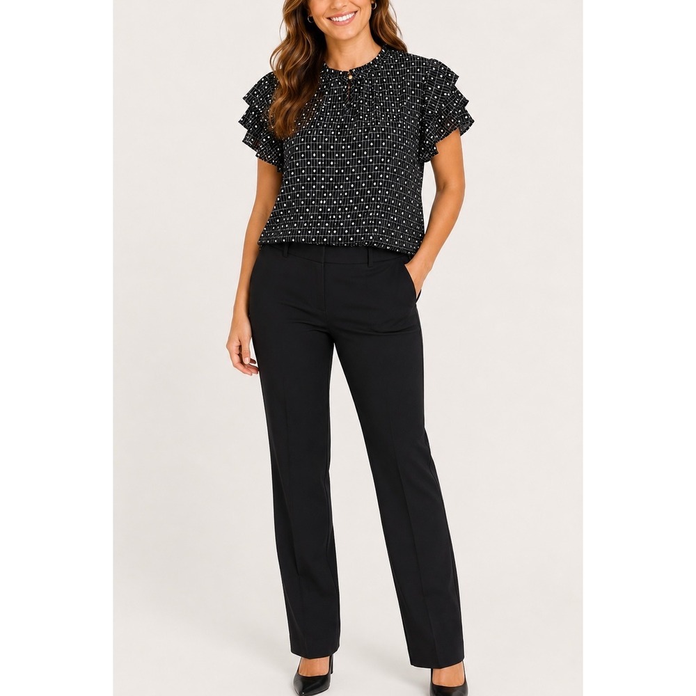 Liz Claiborne Blouse Womens PL Black White Geo Flutter Sleeve Ruffle Neck NWT